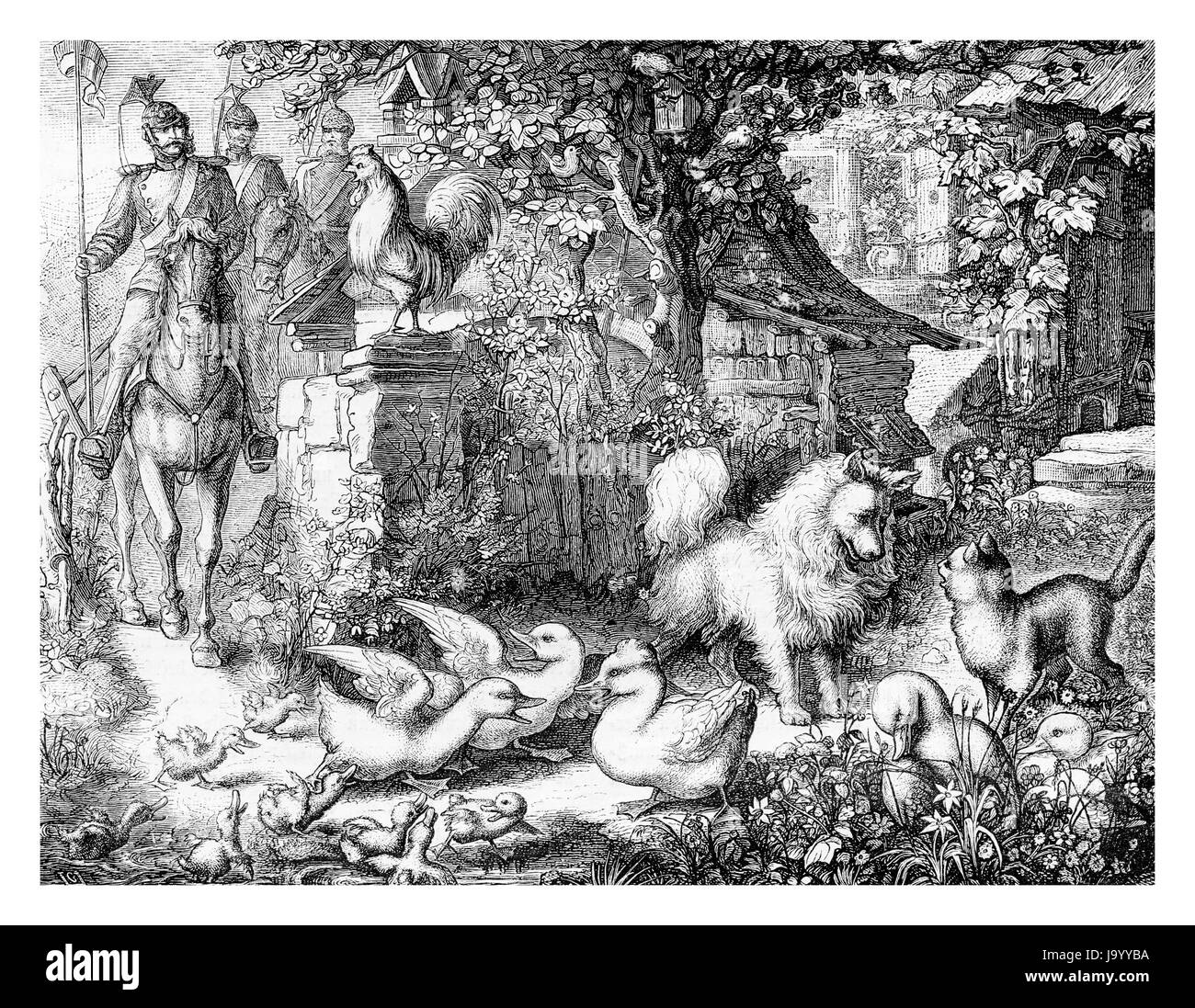 I soldati sono venuta, creando scompiglio tra gli animali nel cortile, incisione dal XIX secolo Foto Stock