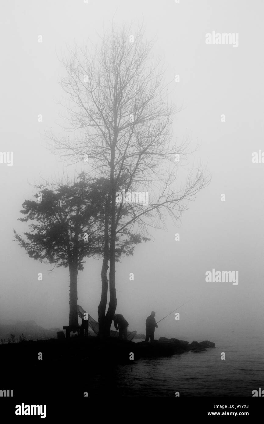 Due uomini di pesca in un lago in mezzo alla nebbia, nei pressi di alcuni alberi Foto Stock