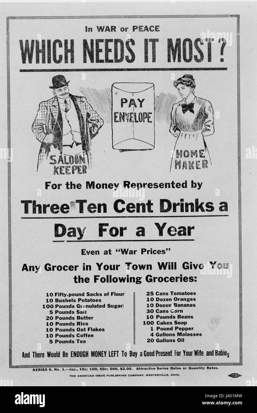 Divieto poster raffiguranti la busta paga, saloon keeper e home maker, che mostra l'elenco di generi alimentari che potrebbe essere acquistato con i soldi utilizzati per bevande, Westerville, Ohio, 1918. Foto Stock