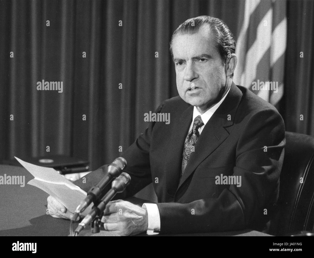 Il Presidente Richard M. Nixon dopo la consegna di un rapporto di politica estera, Washington DC, 25/02/1971. Foto Stock