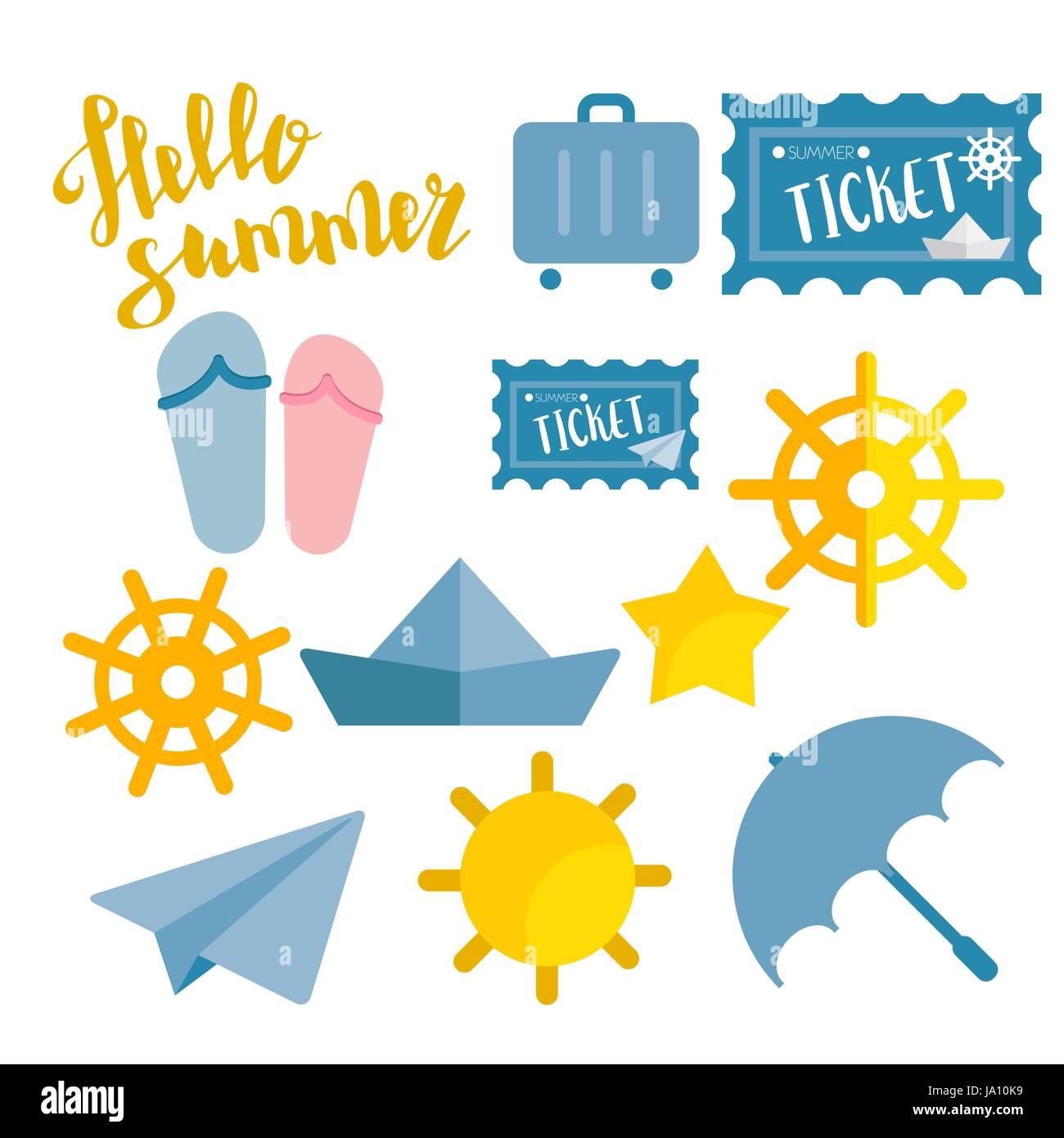Ciao estate lettering. Piatto icone colorate valigia, ruota, piano, biglietto, sun, ombrello, pantofola, flip-flop, star per i viaggi e la vocazione di viaggio. Vecto Illustrazione Vettoriale