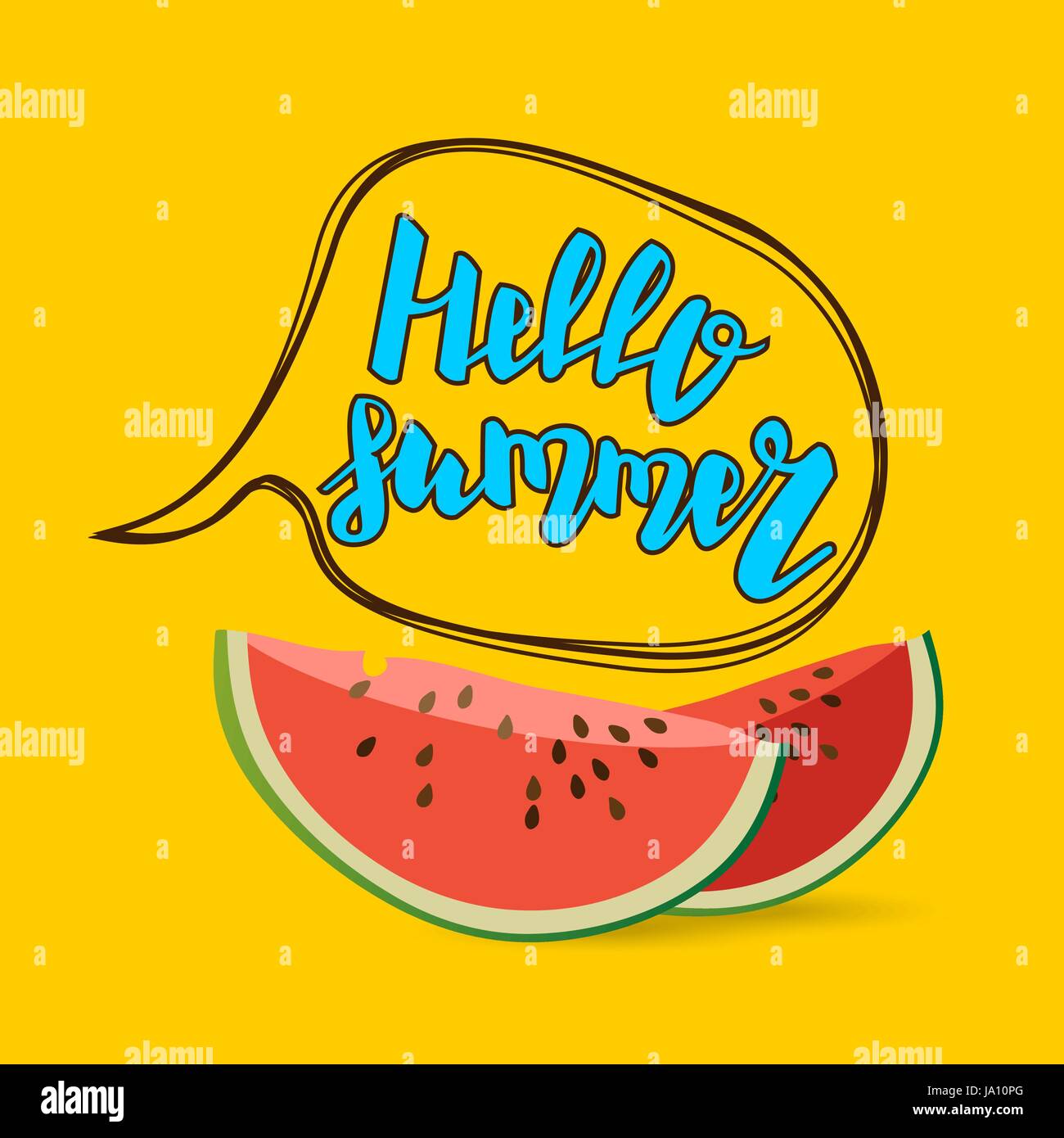 Ciao estate lettering comic il font del testo in discorso bolla. Succo tropicale frutta rossa anguria. Colorata illustrazione vettoriale. Funny web adver poster Illustrazione Vettoriale