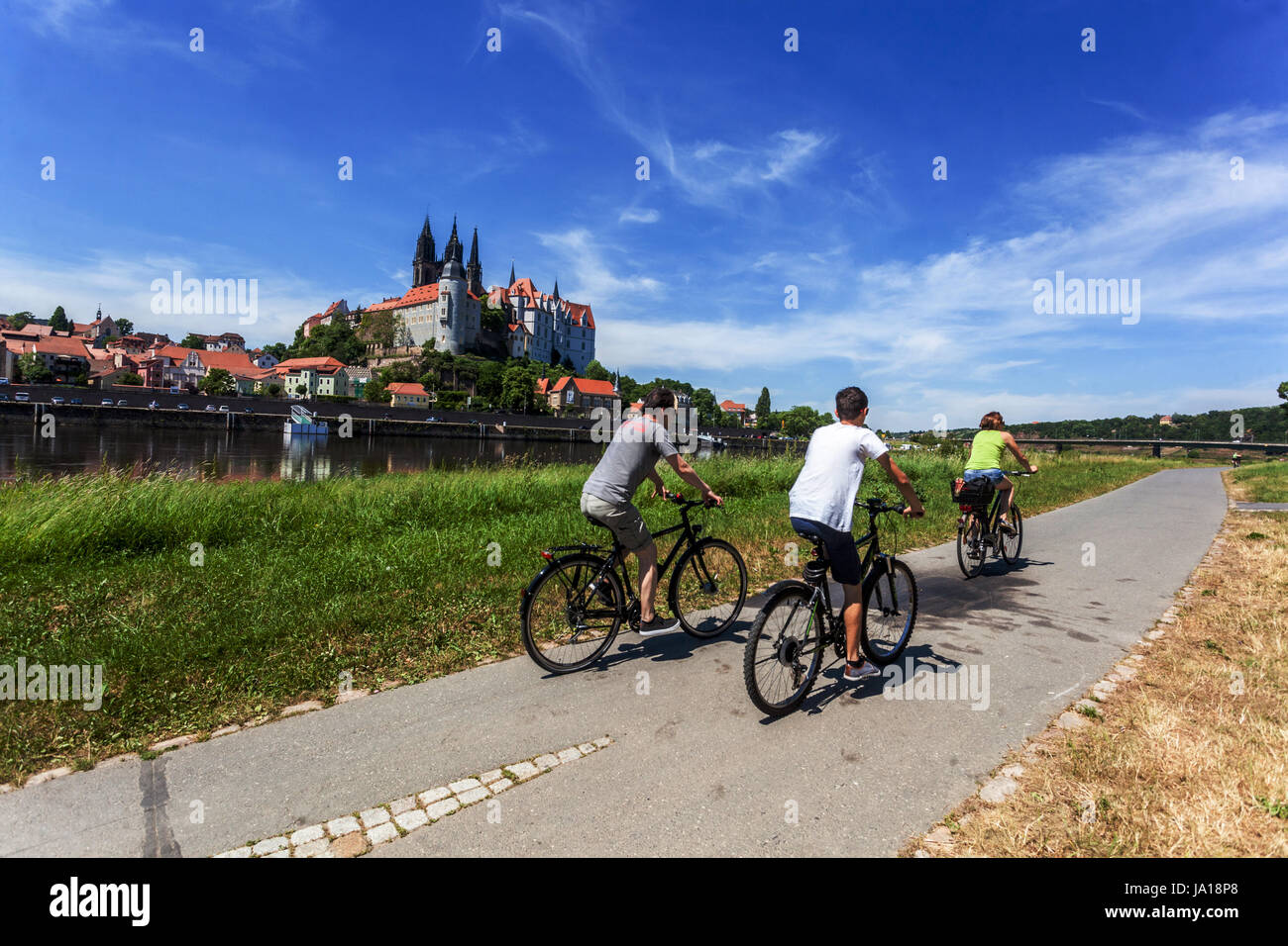 Ciclisti Elberdweg in bicicletta lungo il fiume Elba, Castello di Albrechtsburg Meissen, Sassonia, Germania, Europa Foto Stock