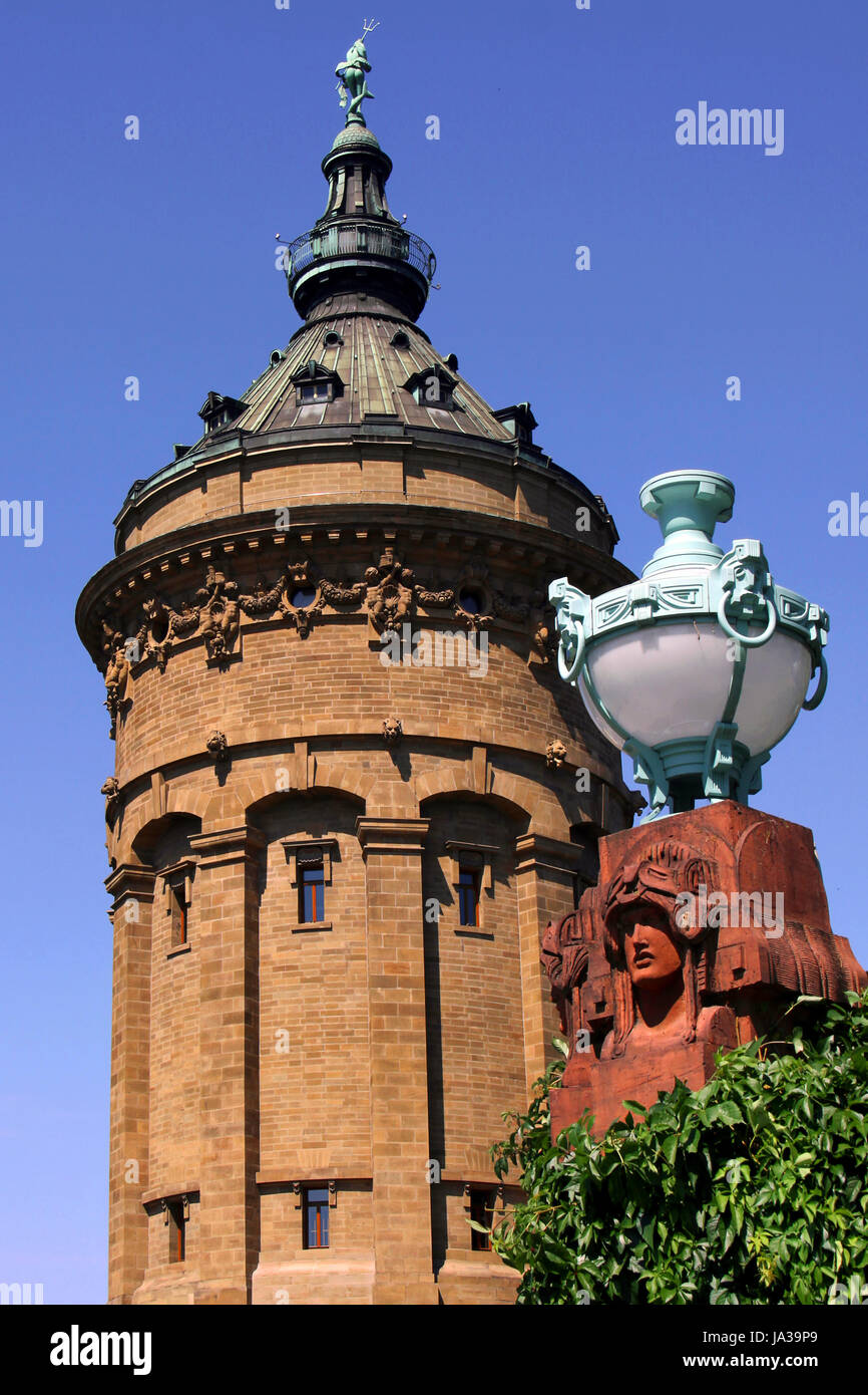 Water Tower, jugendstil, emblema, balneazione, storico, lanterna, shiner, luce, Foto Stock