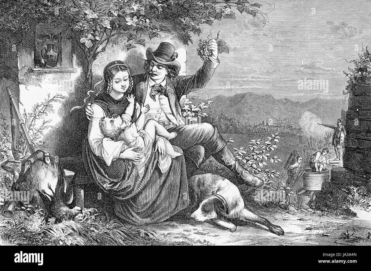 Enologo famiglia godendo di vendemmia (raccolta uva), incisione vintage Foto Stock