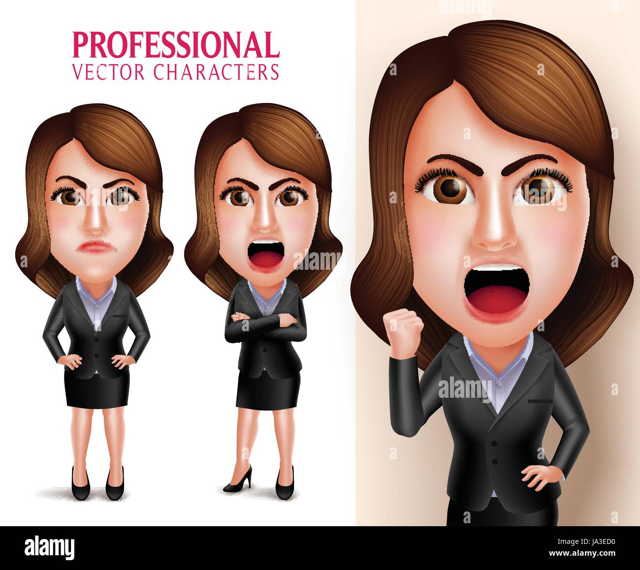 Set di Professional Business donna carattere vettoriale arrabbiato e Pazzo come un boss con bracci incrociati isolato in uno sfondo bianco. Illustrazione Vettoriale Illustrazione Vettoriale