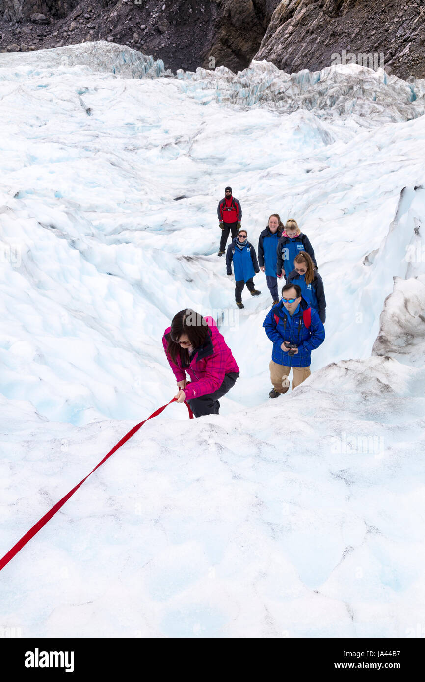 Gruppo di persone a piedi su un ghiacciaio (Fox Glacier, Isola del Sud, Nuova Zelanda) Foto Stock