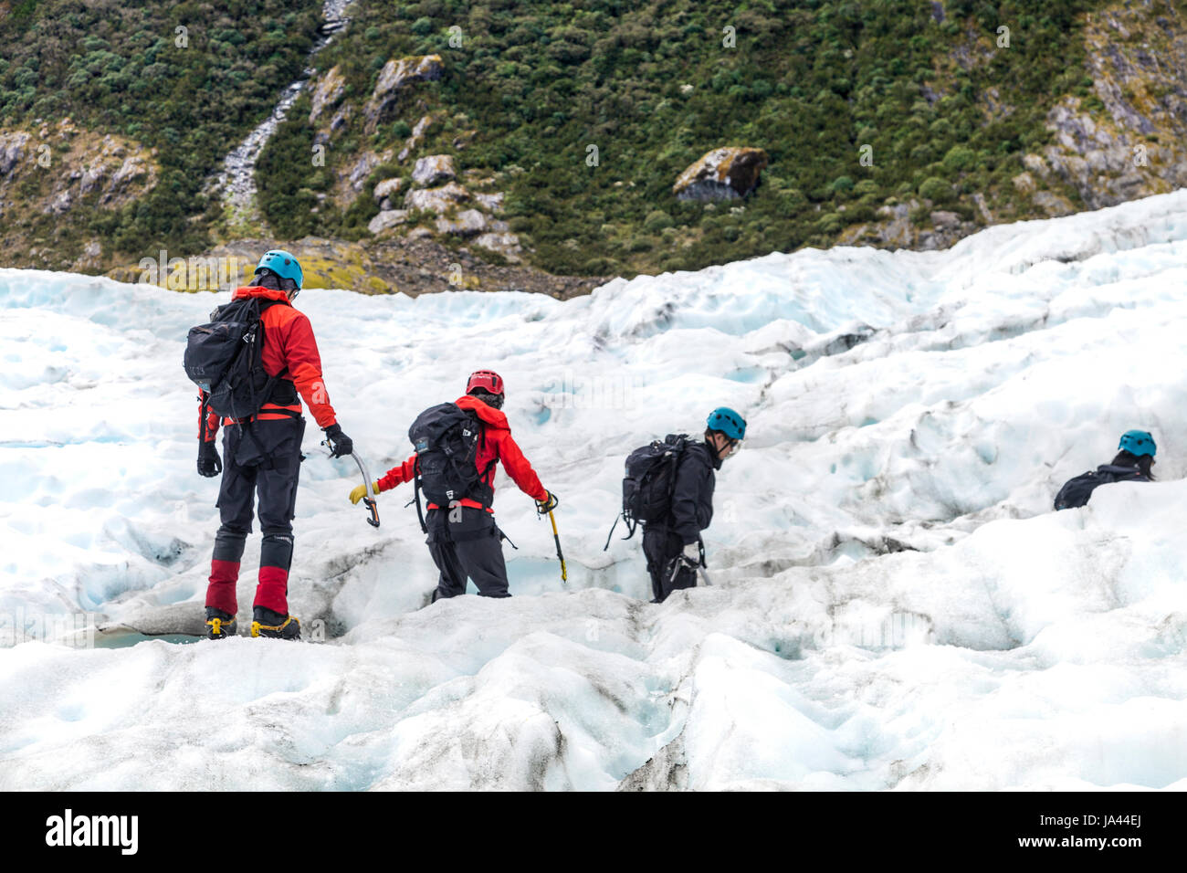 Gruppo di persone a piedi su un ghiacciaio (Fox Glacier, Isola del Sud, Nuova Zelanda) Foto Stock