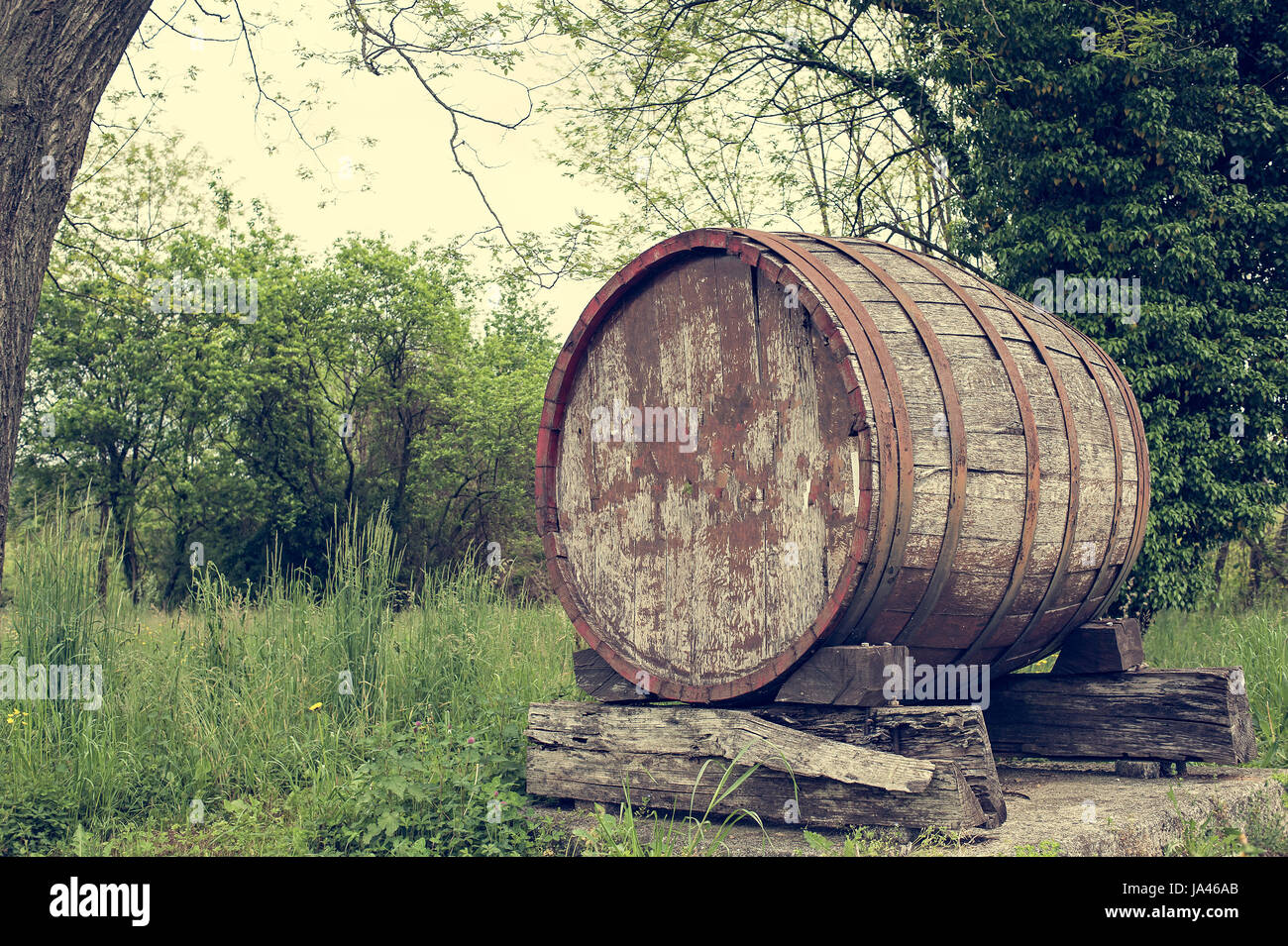 Barile vecchio che indica l'inizio di una zona vitivinicola di eccellenti uve. Foto in stile vintage. Foto Stock