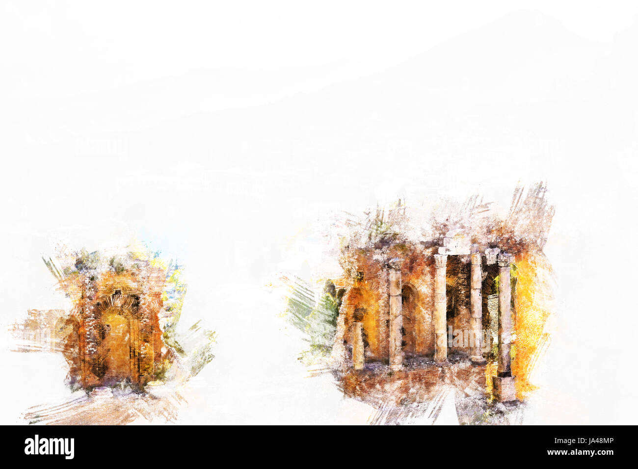 Le rovine del Teatro di Taormina al tramonto. Foto Stock