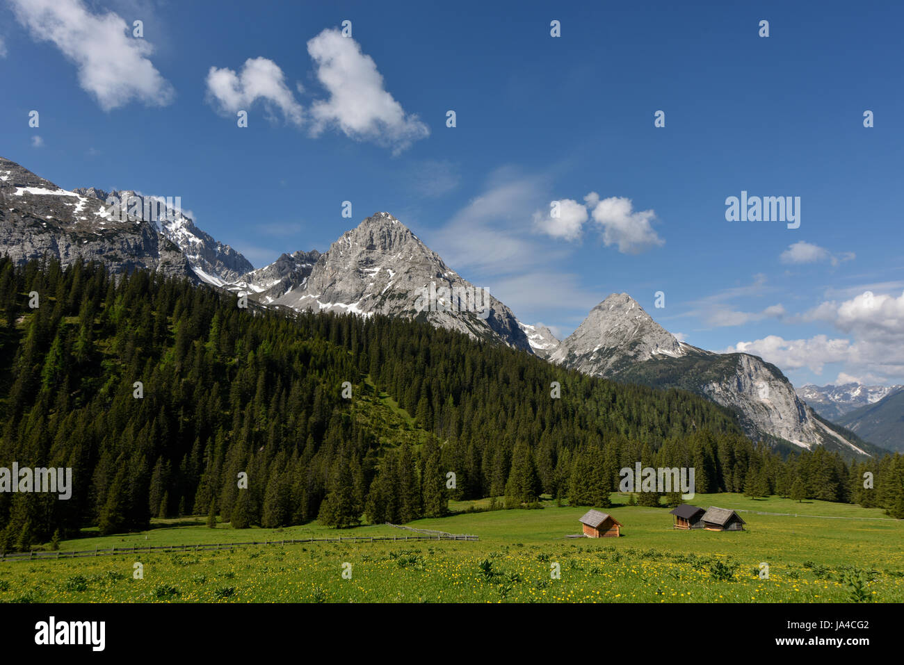 Pascolo alpino con rifugi romantici di fronte il Mieminger Kette mountain range vicino al lago Seebensee, Tirolo, Austria Foto Stock