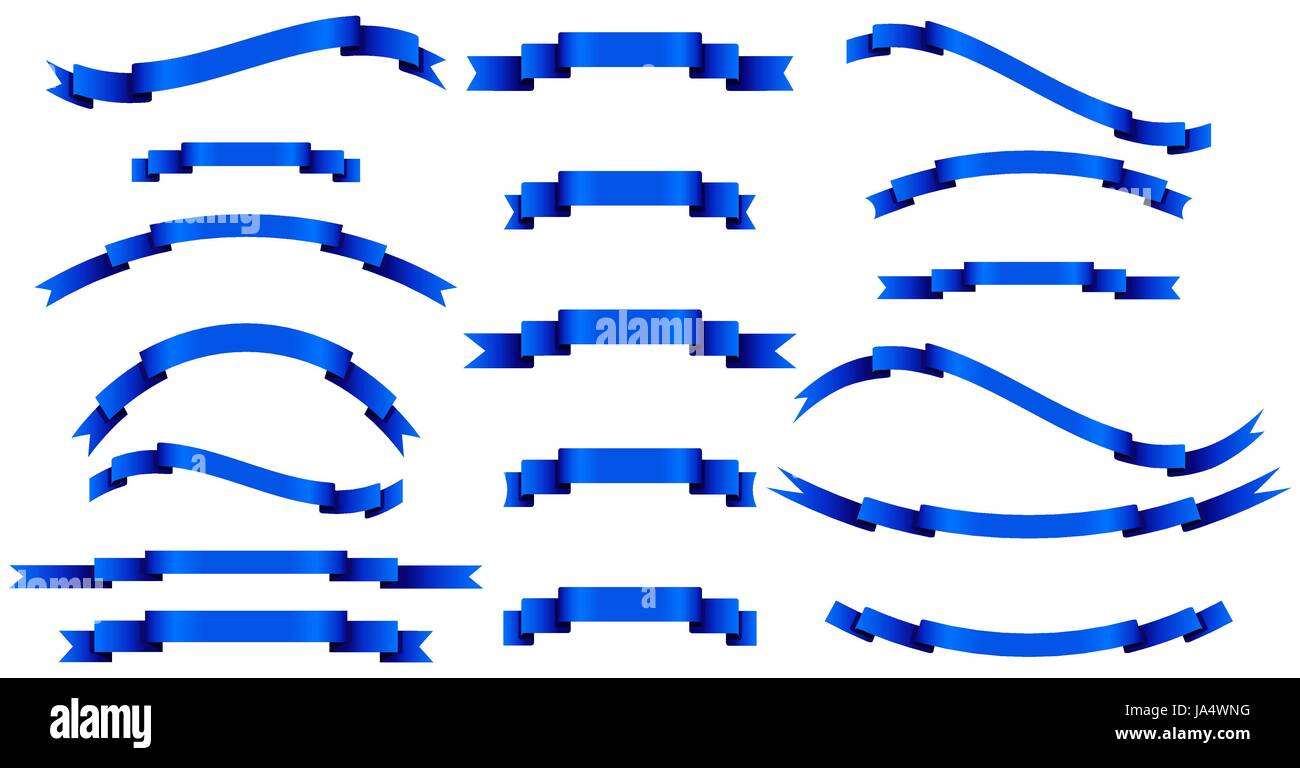 Set di blu di vettore di nastri di seta su sfondo bianco. Forme di Banner adesivo, etichetta e raccolta di decorazione. Illustrazione Vettoriale