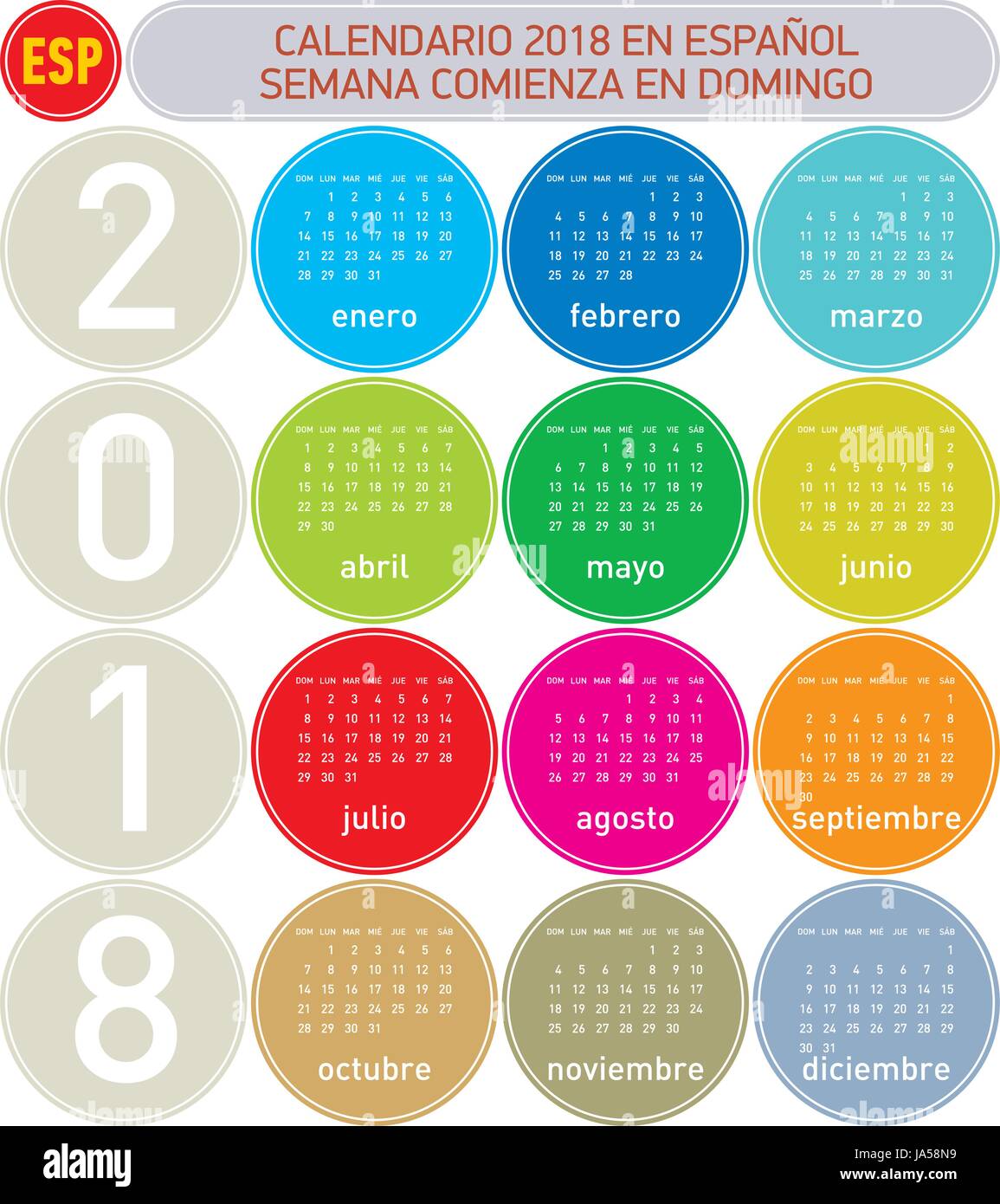 Calendario colorate per l'anno 2018, in spagnolo. Settimana comincia la domenica Illustrazione Vettoriale