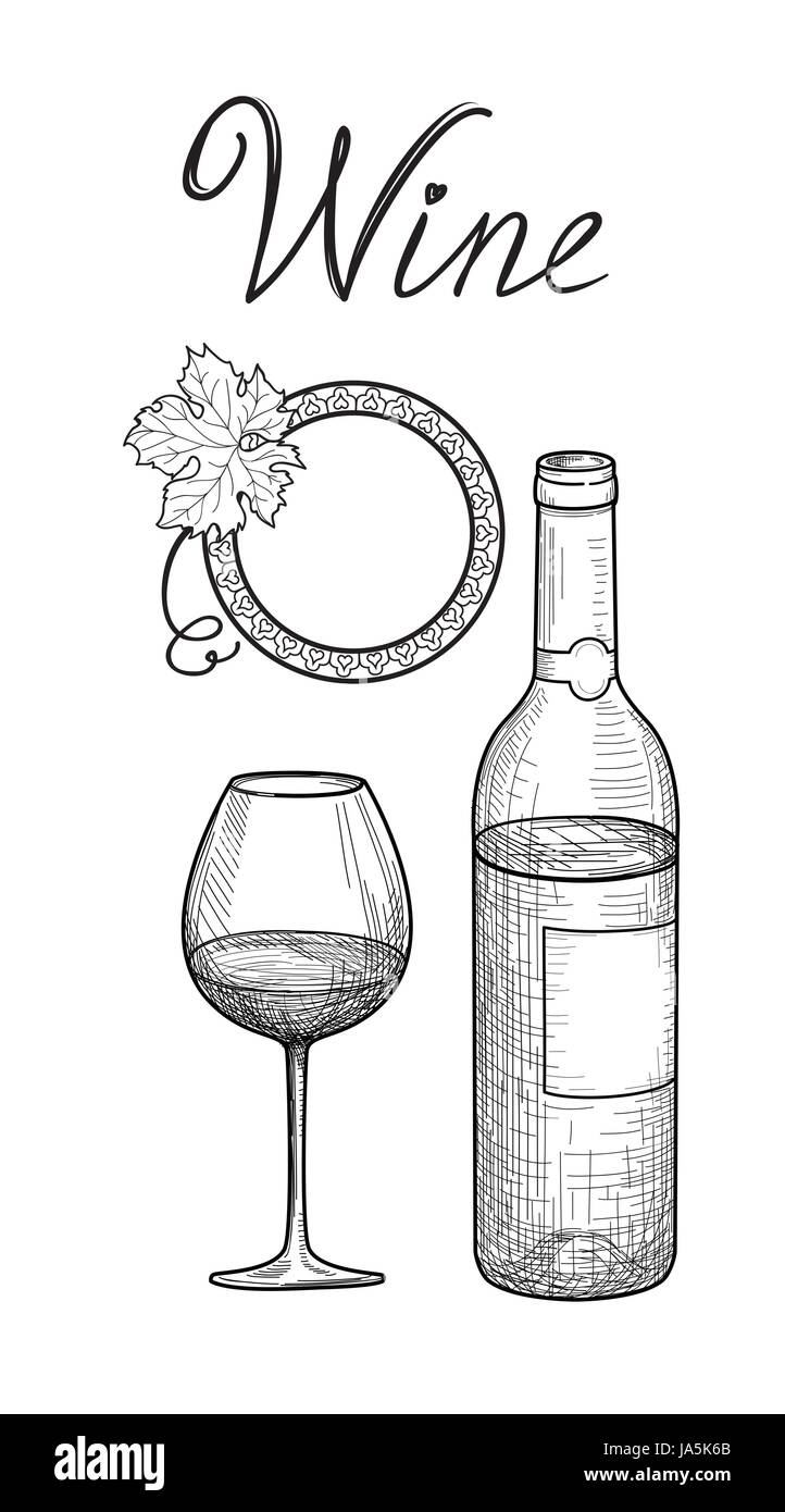 Set di vino. vetro del vino, bottiglia, lettering cafe menu. wine card sketch Illustrazione Vettoriale