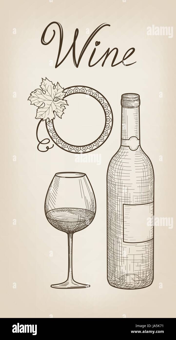 Set di vino. vetro del vino, bottiglia, lettering cafe menu. wine card sketch Illustrazione Vettoriale