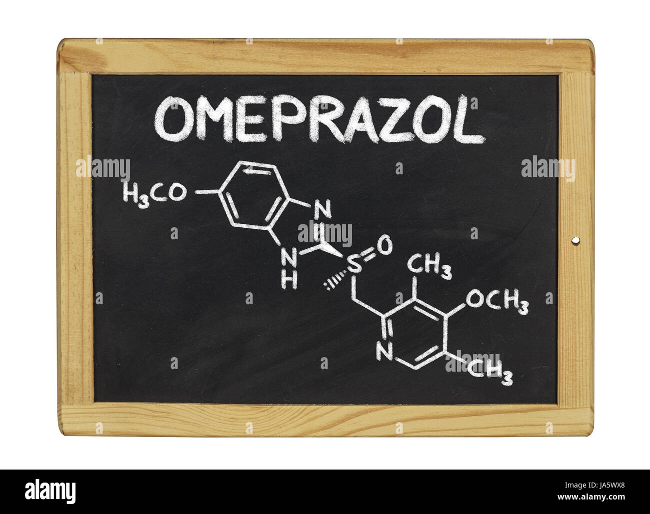 Chimica formula strutturale di omeprazolo sulla lavagna Foto Stock