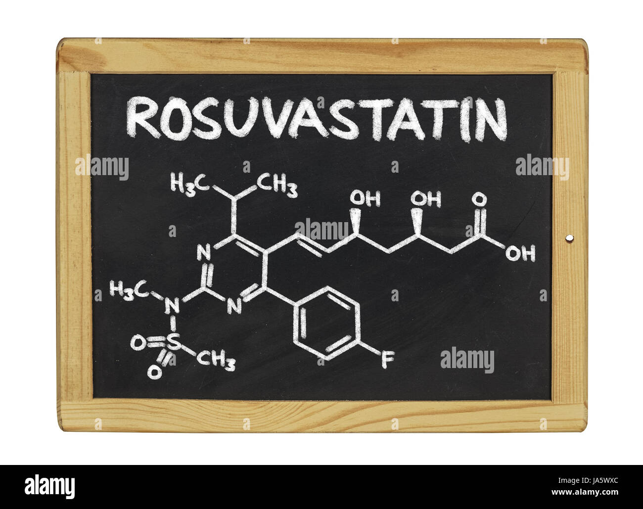 Chimica formula strutturale di rosuvastatina sulla lavagna Foto Stock