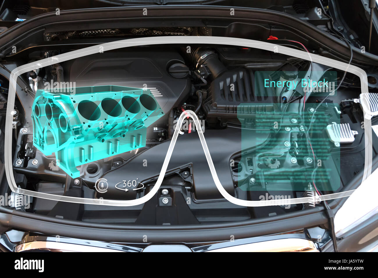 La realtà aumentata bicchieri tecnologia e ingegneria concetto di marketing. AR occhiali con il servizio di riparazione di applicazione e rendering 3d del blocco di energia 36 Foto Stock