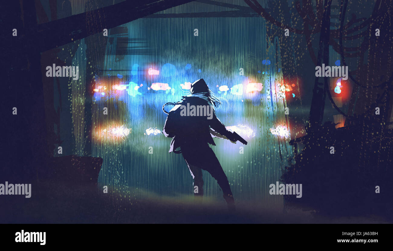 Scena del ladro con la pistola di essere catturati dalla polizia auto luce alla notte piovosa con arte digitale stile, illustrazione pittura Foto Stock
