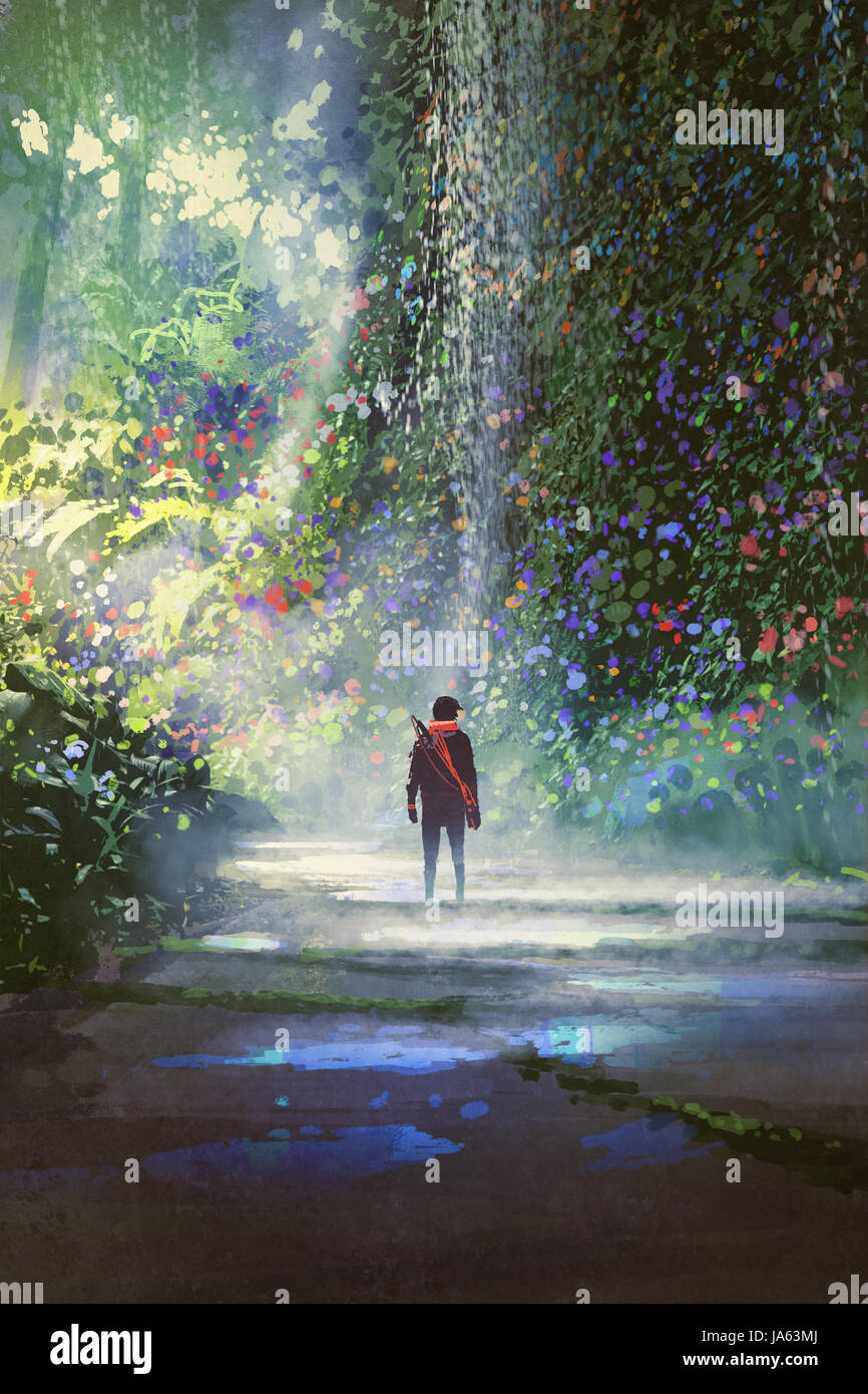 L'uomo che cammina nella splendida foresta con arte digitale stile, illustrazione pittura Foto Stock