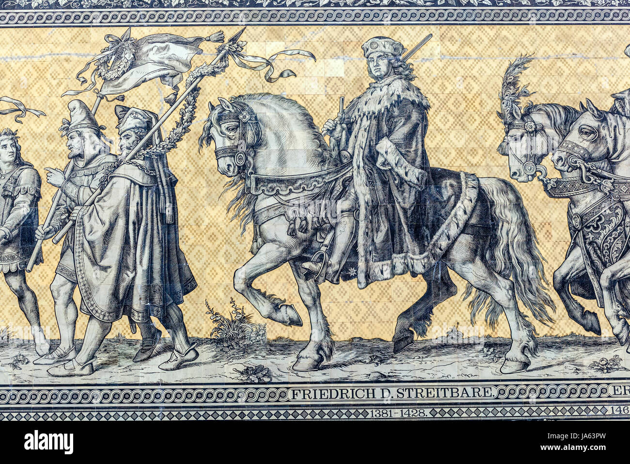 Dresda la Processione dei Principi Fürstenzug dettaglio, Dresda, Sassonia, Germania piastrelle Foto Stock