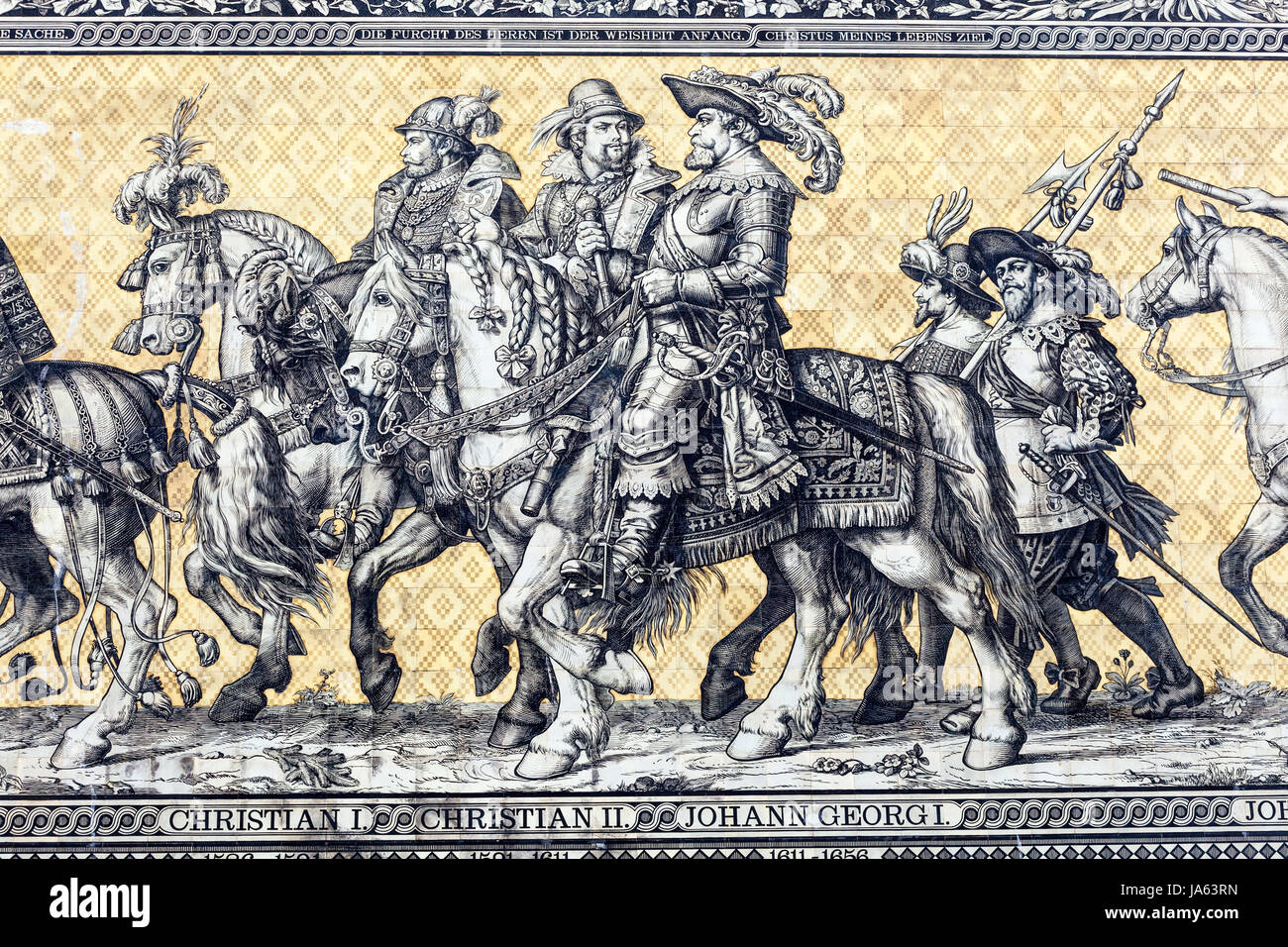 Processione dei principi Dresda Fürstenzug dettaglio, Dresda Meissen piastrelle di porcellana, Sassonia, Germania Foto Stock