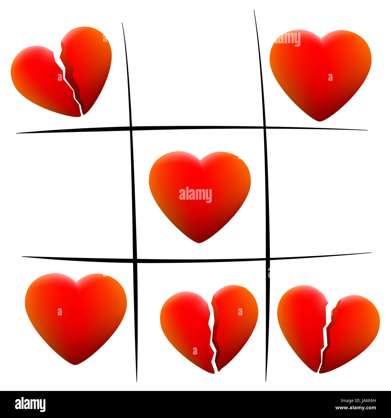 Heartbreak tic tac toe - amore il cuore e il cuore spezzato - illustrazione su sfondo bianco. Foto Stock