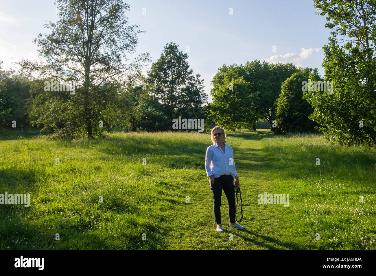Una donna guarda per il suo cane in una passeggiata in un parco di Londra Foto Stock