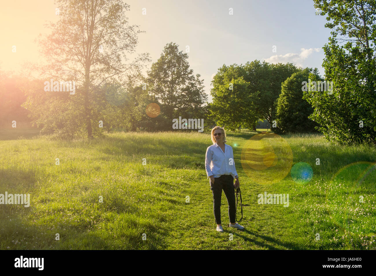 Una donna guarda per il suo cane in una passeggiata in un parco di Londra Foto Stock