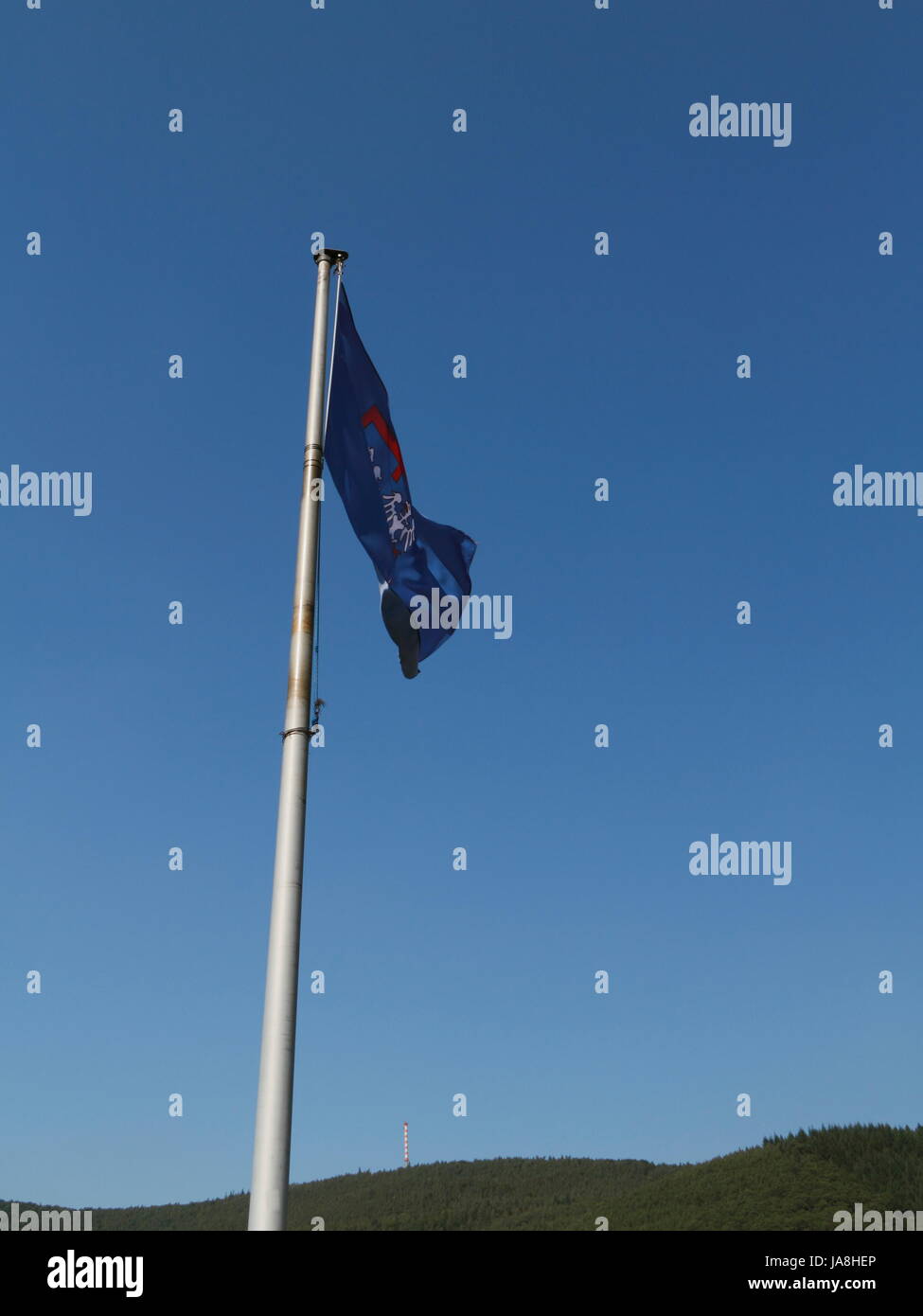 Bandiera, montante, flutter, simbologia, Flagstaff, blu, bianco, europeo, caucasico Foto Stock