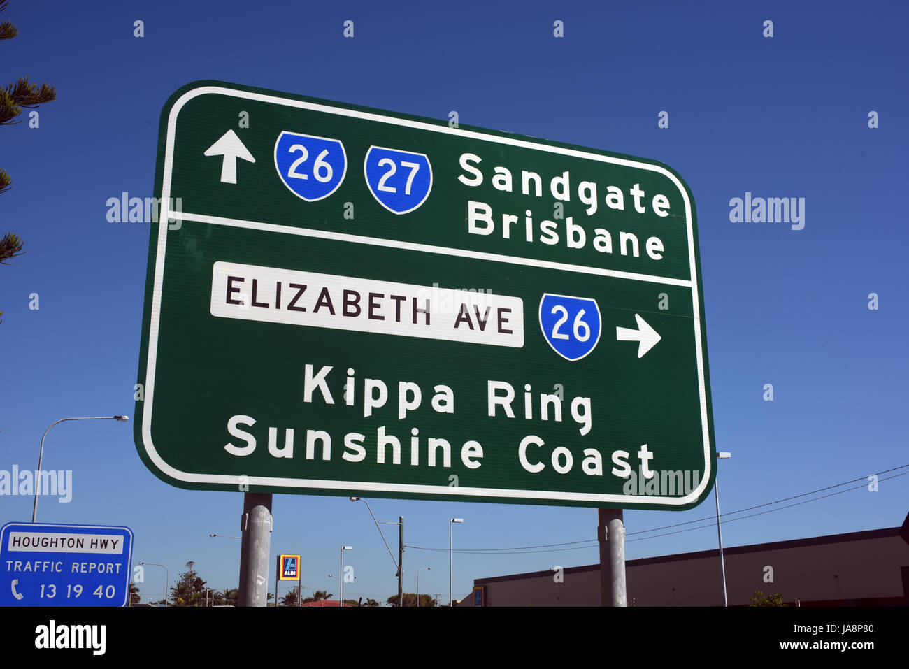 Clontarf, Redcliffe, Australia: direzione strada segno alla estremità nord della autostrada Houghton e Smout ponti Foto Stock