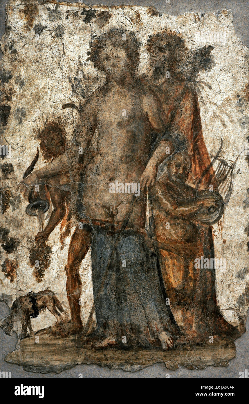 Pittura romana. Dioniso, dio del vino, coadiuvato da un Maenad e giovane Satiro. Ai suoi piedi, la pantera. Affresco. Museo Archeologico Nazionale. Napoli. L'Italia. Foto Stock