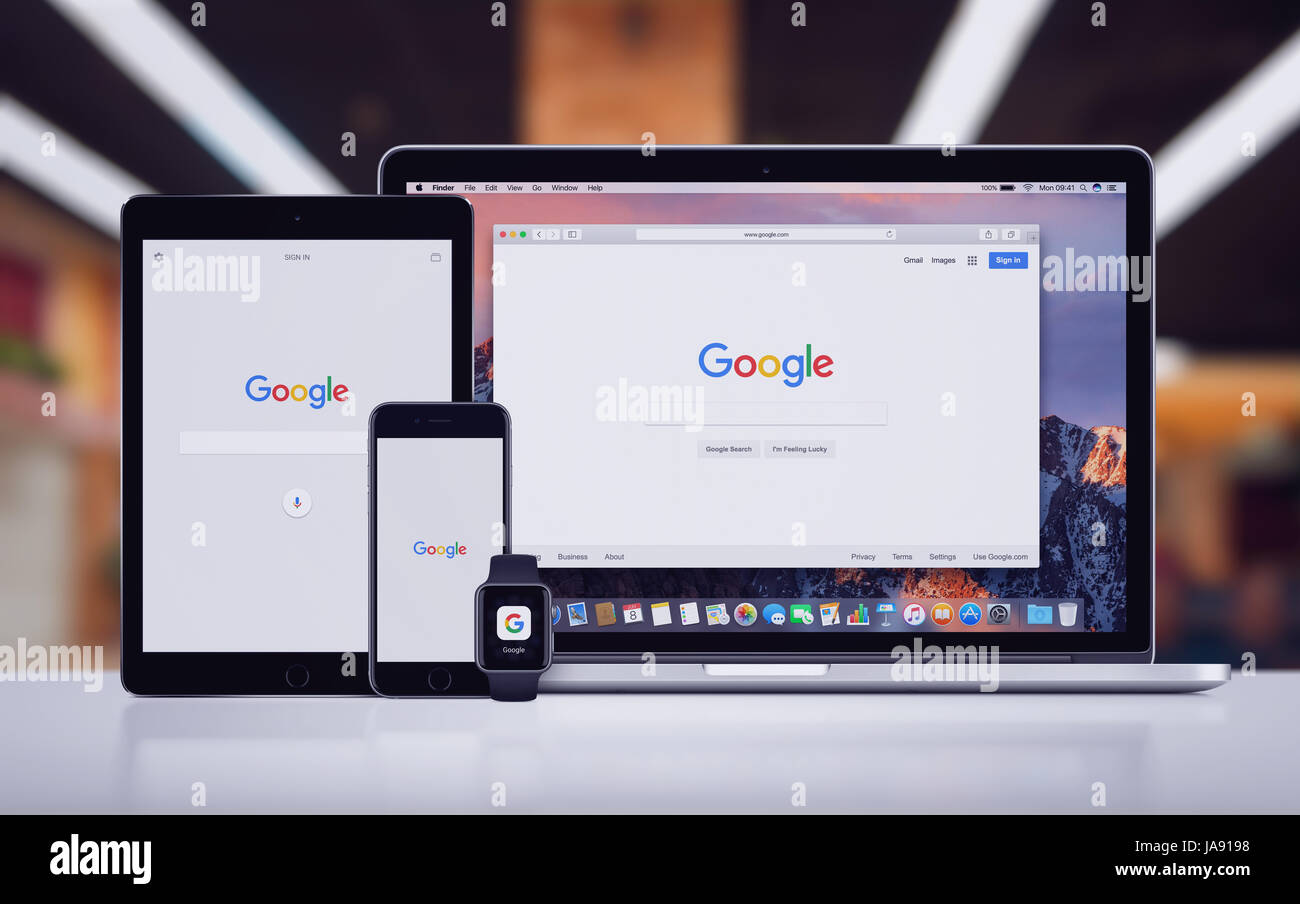 Google su Apple iPhone 7 iPad Apple Pro guardare e Macbook Pro Foto Stock