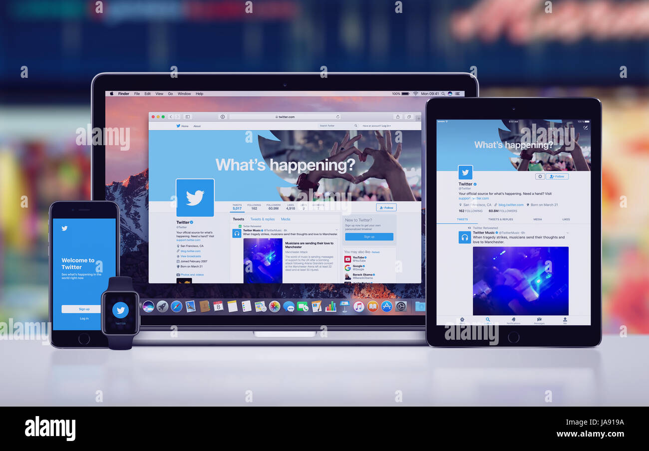 Twitter su Apple iPhone 7 iPad Apple Pro guardare e Macbook Pro Foto Stock