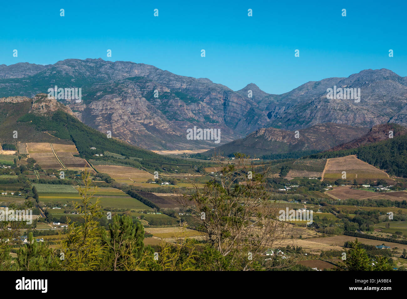 Una vista del paesaggio di Franschhoek vino regione valle su un luminoso bleu sky giornata soleggiata con montagne in lontananza Foto Stock