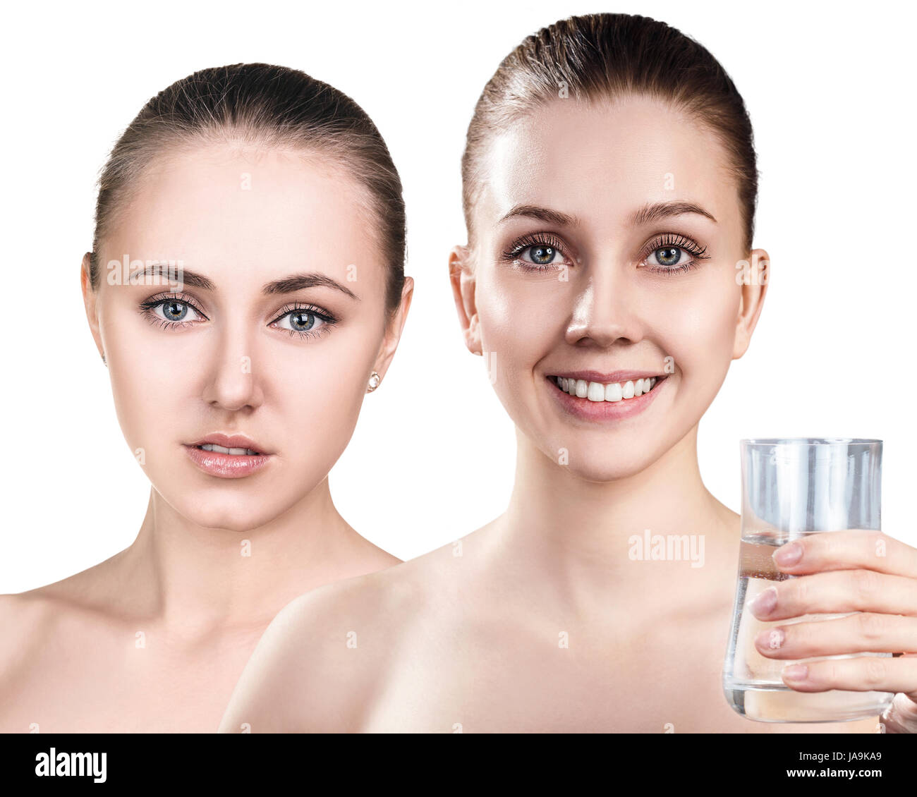 Giovani donne mostrano proprietà utili di acqua pulita per la pelle. Foto Stock