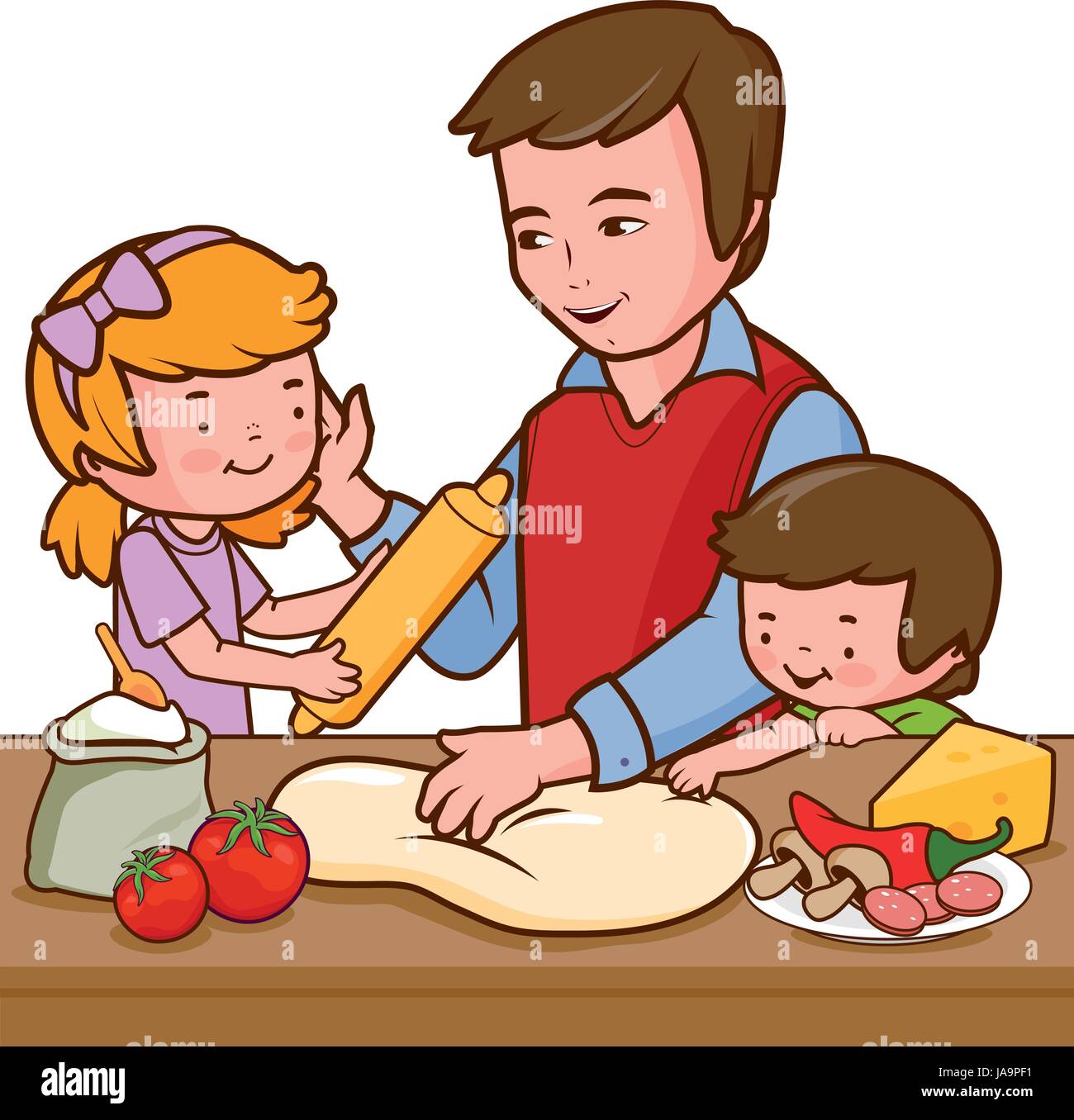 Padre e figli per la cottura della pizza in cucina Illustrazione Vettoriale