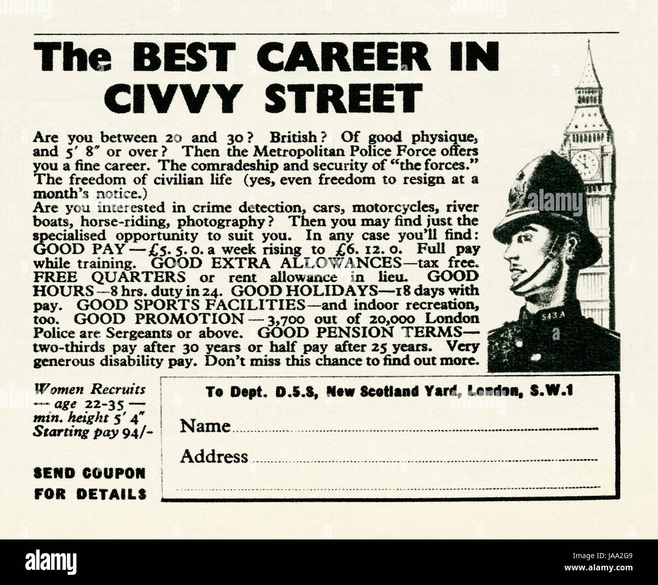 Un annuncio pubblicitario il reclutamento di uomini e donne a una carriera nel Metropolitan forza di polizia - è apparso in una rivista pubblicata nel Regno Unito nel 1947 Foto Stock