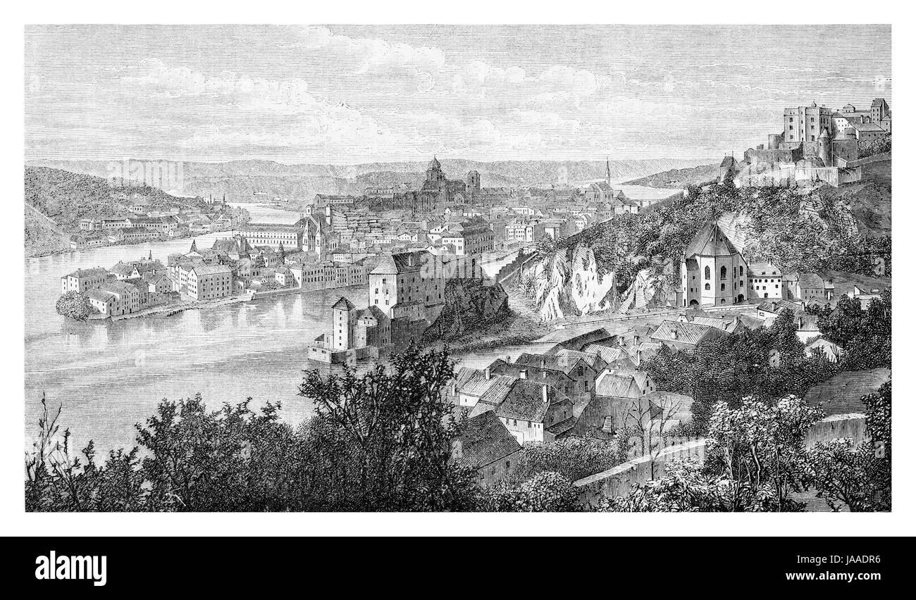 Vista panoramica od Passau, Bavaria - incisione dal XIX secolo Foto Stock