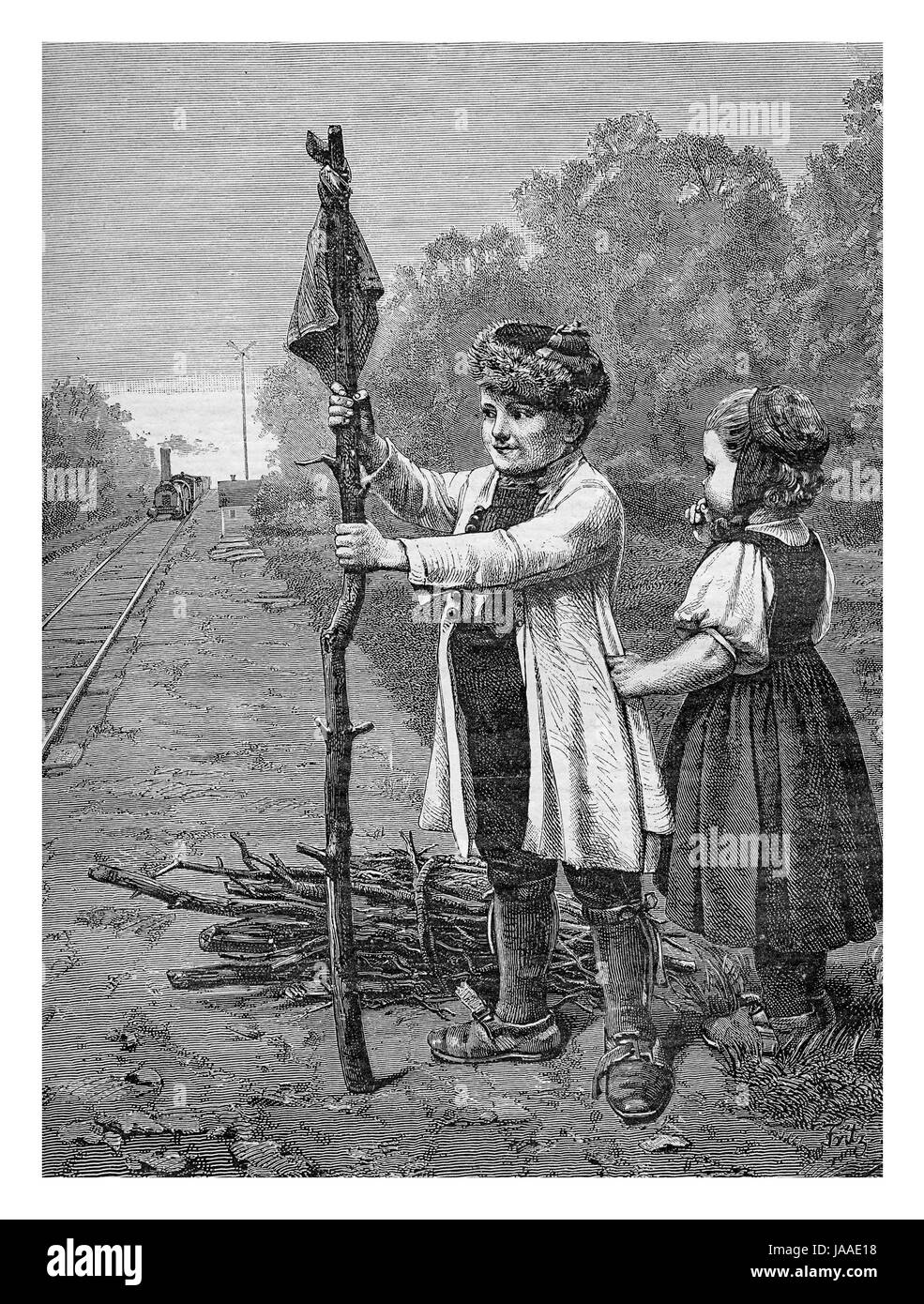 Rampa di volontariato custodi, bambini che giocavano nei pressi del treno rotaie, incisione dal XIX secolo Foto Stock