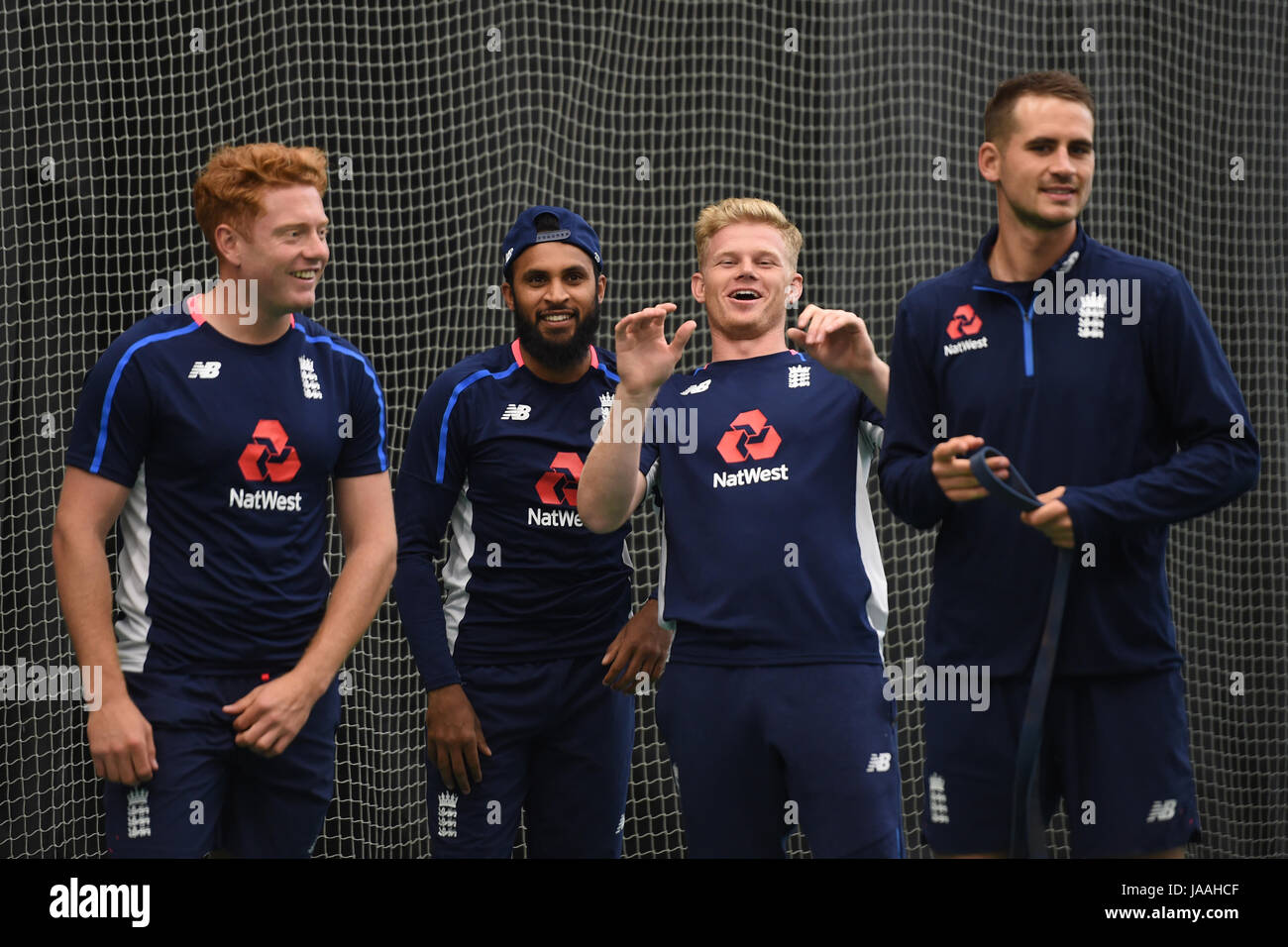 L'Inghilterra (da sinistra a destra) Jonny Bairstow, Adil Rashid, Sam Billings e Alex Hales durante la sessione di reti a Cardiff Galles Stadium. Foto Stock