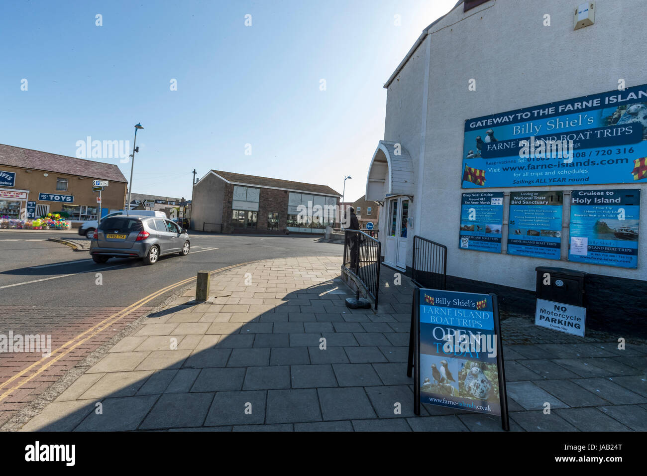 L'ufficio di prenotazione per le gite in barca di Billy Shiel. Seahouses, Northumberland, Regno Unito. Foto Stock