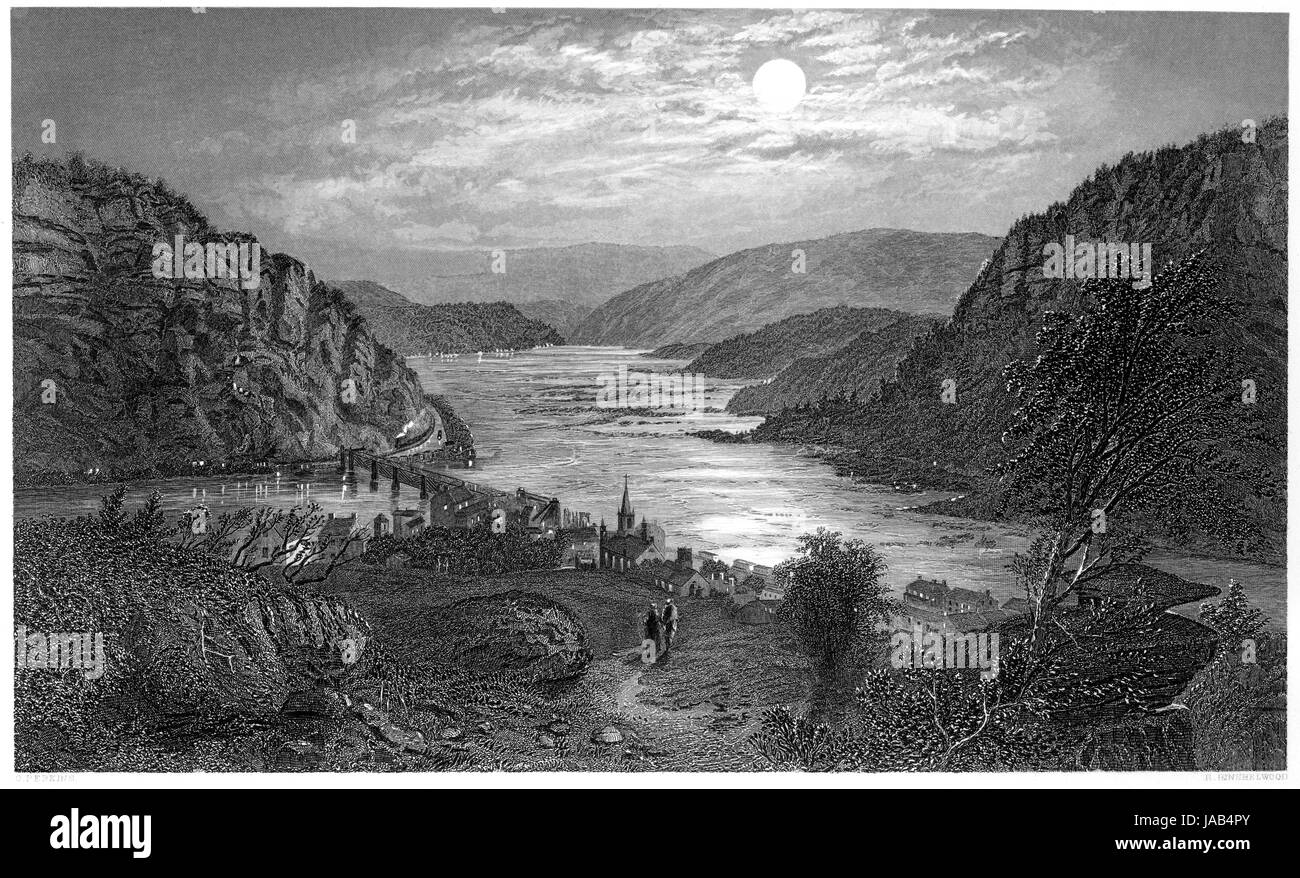 Una incisione di harpers Ferry al chiaro di luna scansionati ad alta risoluzione da un libro stampato nel 1872. Ritiene copyright free. Foto Stock