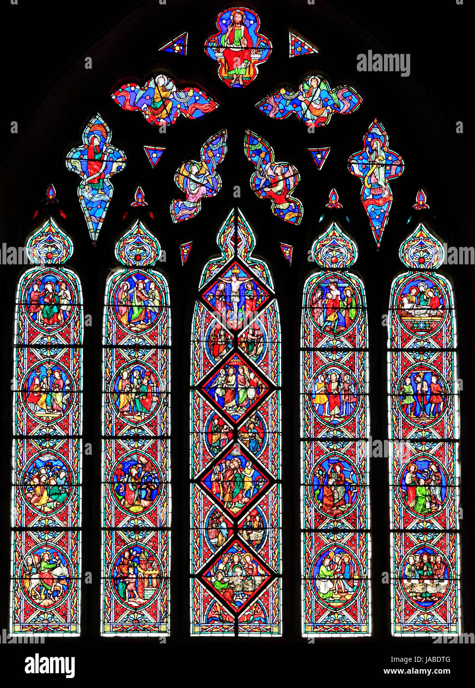 La passione, la finestra scene della passione, vetrata, da Adolph Didron di Parigi, 1860 Feltwell Chiesa, Norfolk, Inghilterra, Regno Unito, la storia di Pasqua Foto Stock
