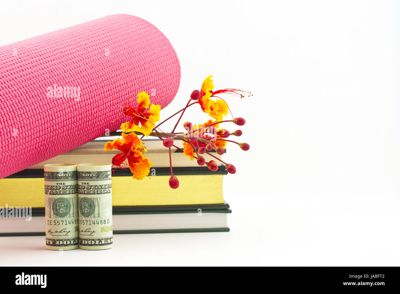 Impegno e dedizione portano un successo crescente nel settore fitness tendenze riflettono in libri, materassino yoga, di fiori e di moneta americana su bianco backg Foto Stock