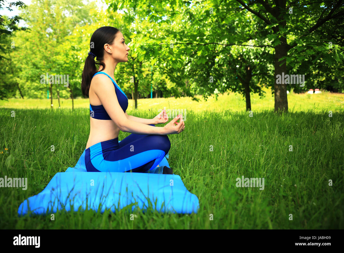 Scena Fitness. La ragazza di lotos pongono nel parco. Pretty girl fare yoga all'esterno. Foto Stock