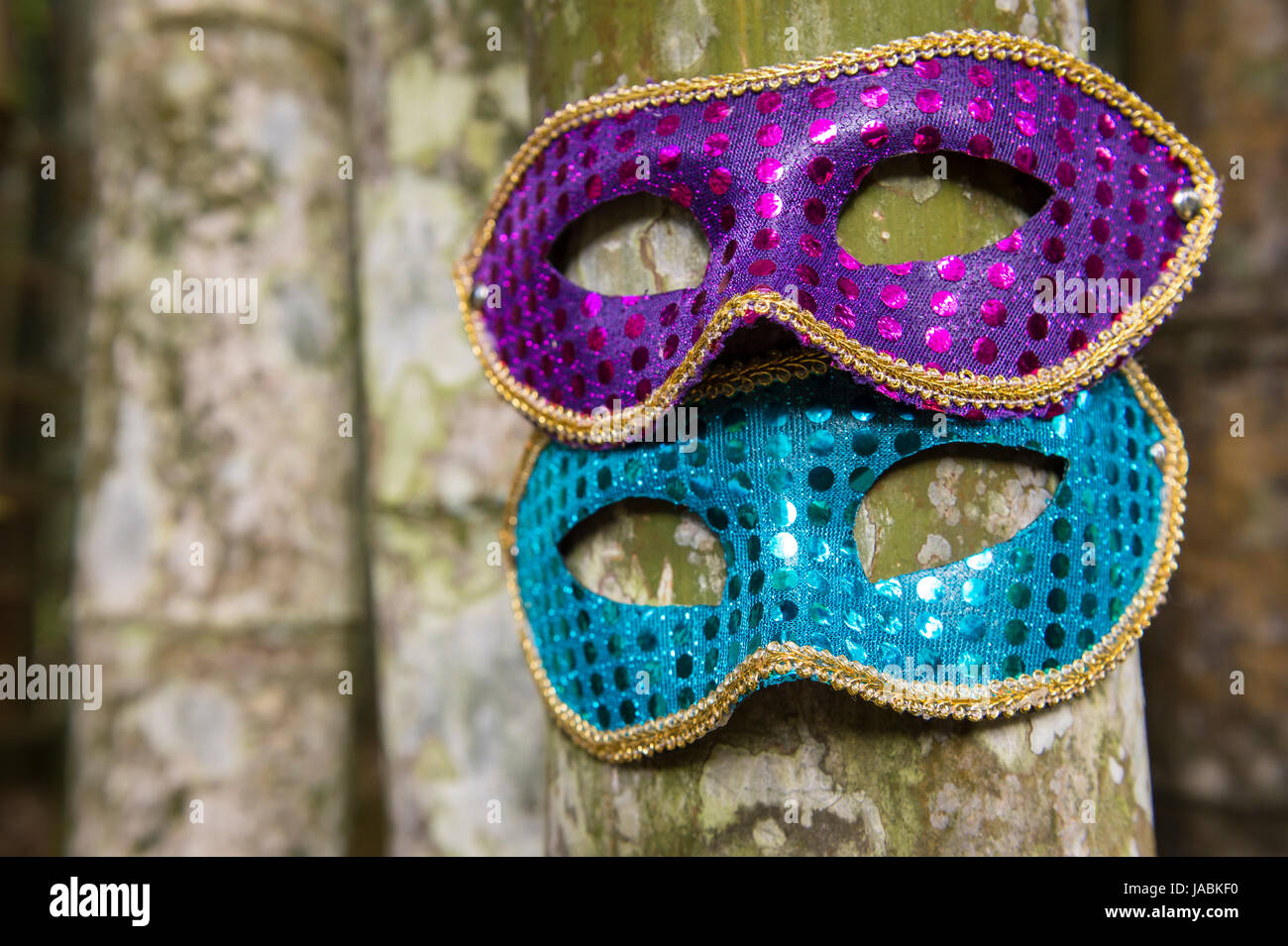 Maschere di Carnevale in glittery blu e viola per appendere su tropicale  tronchi di bambù in Rio de Janeiro, Brasile Foto stock - Alamy