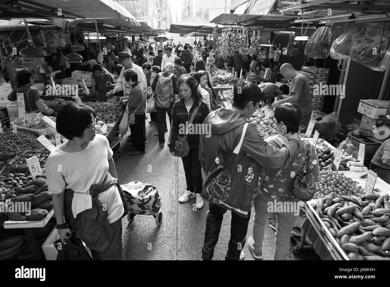 Il mercato bagnato in Hong Kong (bianco e nero) Foto Stock