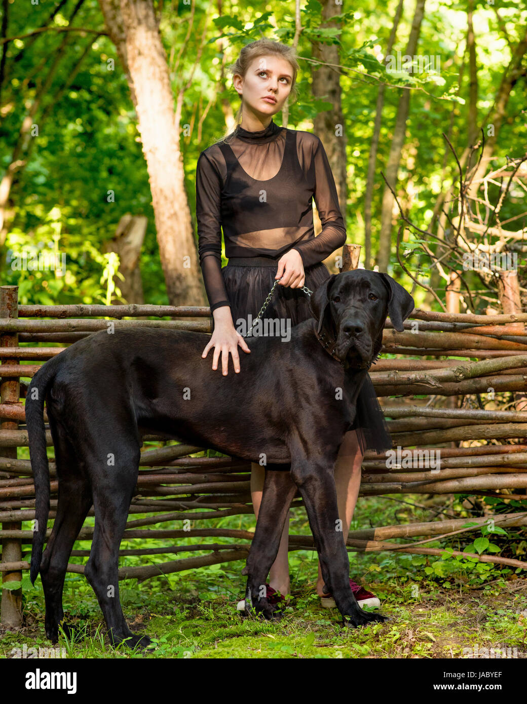 Modello con un cane nero nel bosco Foto Stock