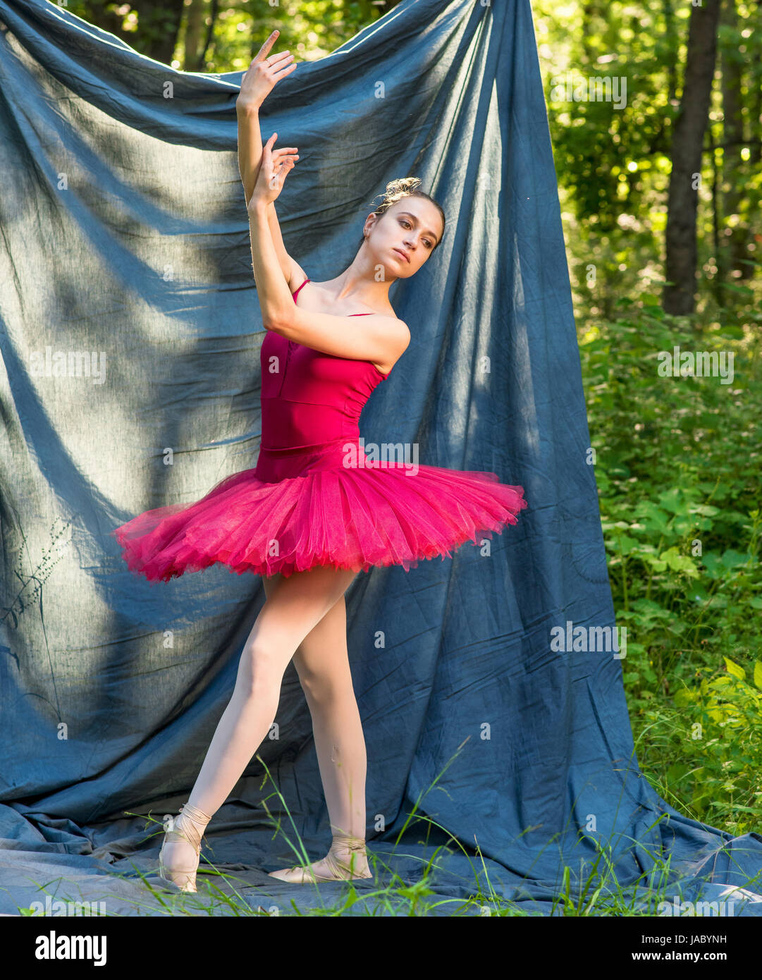 Giovane ballerina in un rosso tutu nel bosco Foto Stock